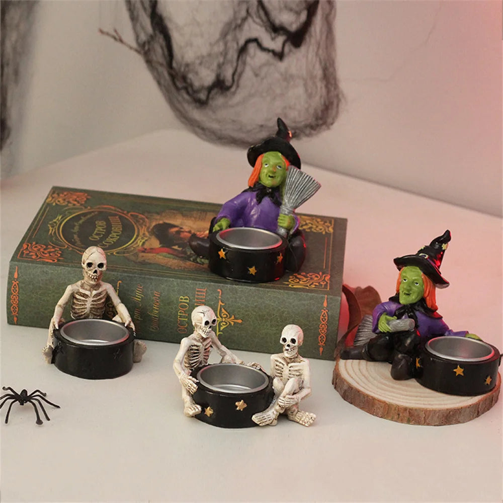 Halloween Decoration Indoor Candle Holder Resin Skeleton witch Candlestick Gothic Decorative Holder for Day of The Dead Skull