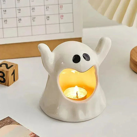 Small Cute Ghost Candle Holder, Handmade Ceramic Style, Ashtray Function, Halloween Decorations, Home Ornament