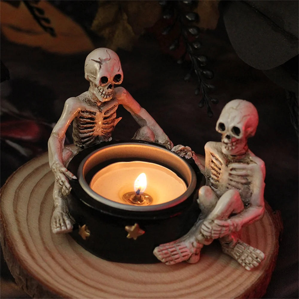 Halloween Decoration Indoor Candle Holder Resin Skeleton witch Candlestick Gothic Decorative Holder for Day of The Dead Skull