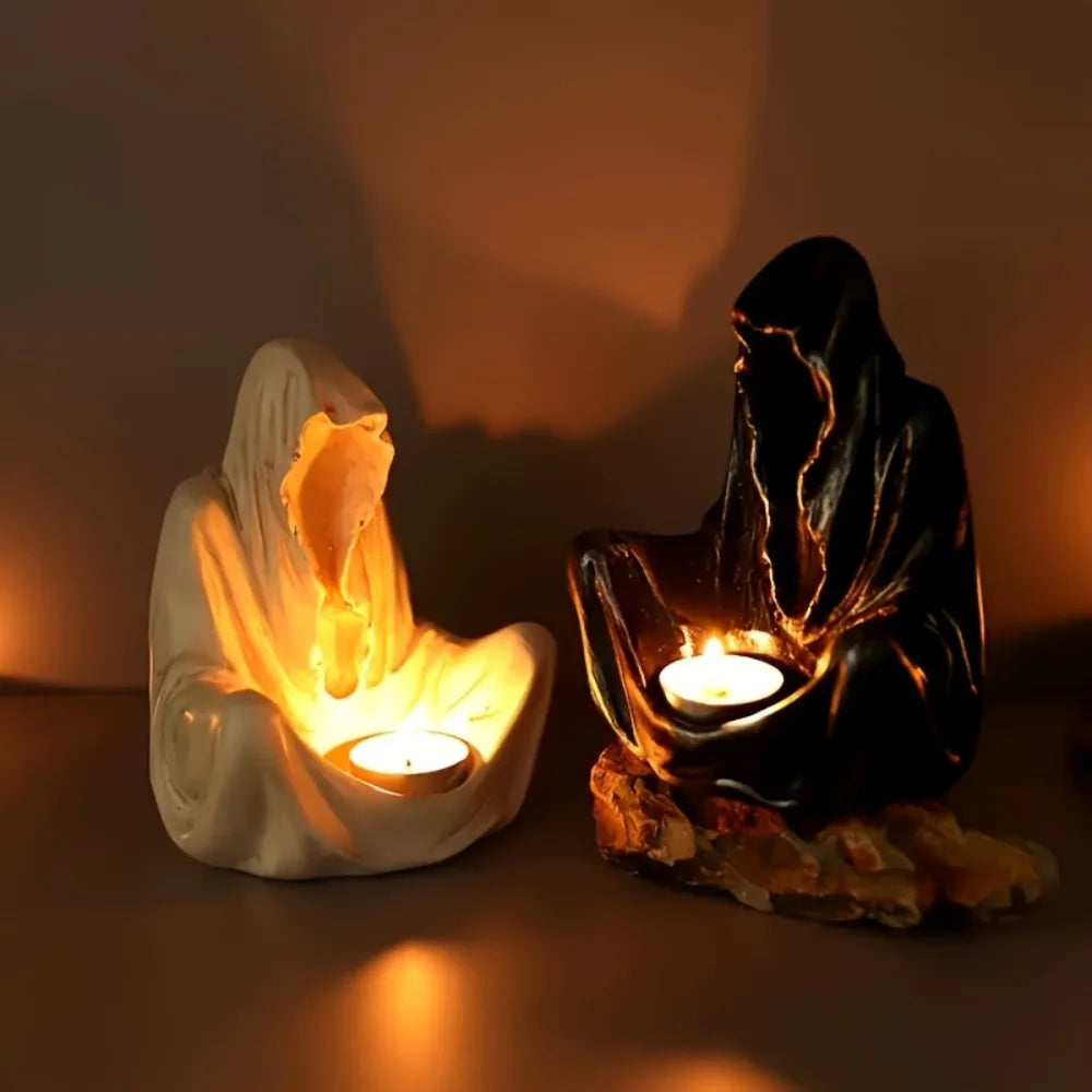 Mysterious Cloak Candelabra with Gothic Dark Knight Grim Reaper Statue,Halloween Atmosphere Decor,Creative Desktop Candle Holder