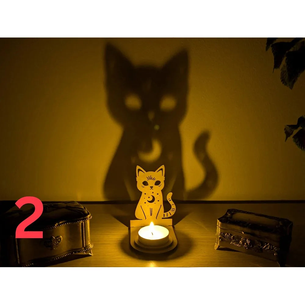Halloween Skeleton Cat Tealight Candle Holder Shadow Caster Decorations Metal Desk Candlestick Holder Tabletop Decorative