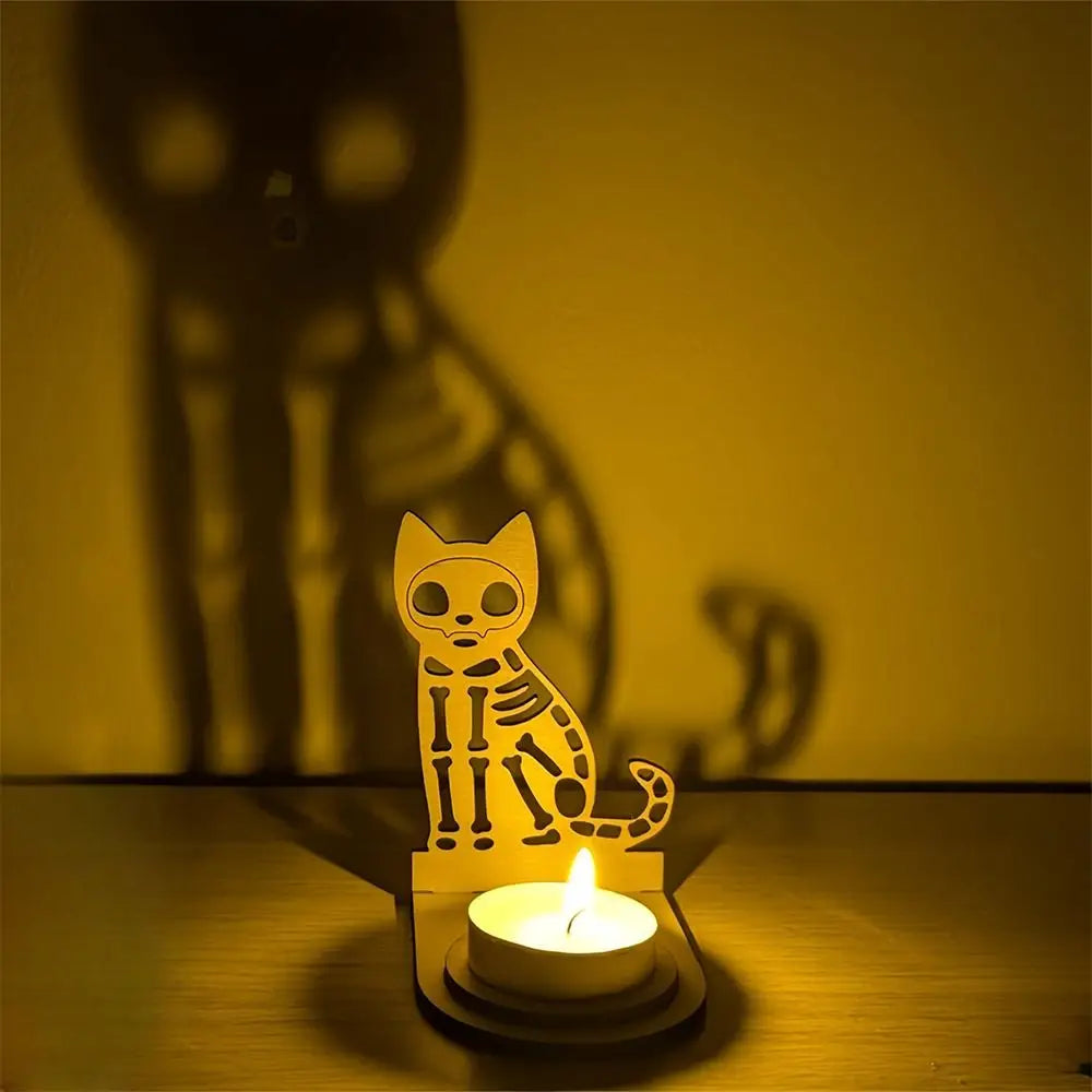 Halloween Skeleton Cat Tealight Candle Holder Shadow Caster Decorations Metal Desk Candlestick Holder Tabletop Decorative