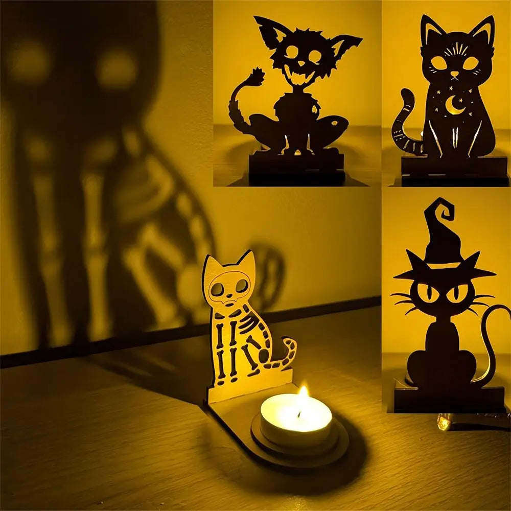 Halloween Skeleton Cat Tealight Candle Holder Shadow Caster Decorations Metal Desk Candlestick Holder Tabletop Decorative