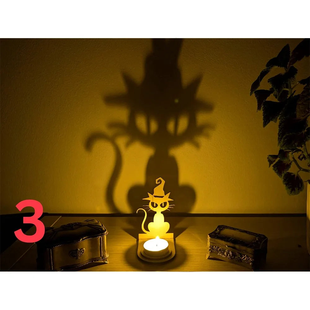 Halloween Skeleton Cat Tealight Candle Holder Shadow Caster Decorations Metal Desk Candlestick Holder Tabletop Decorative