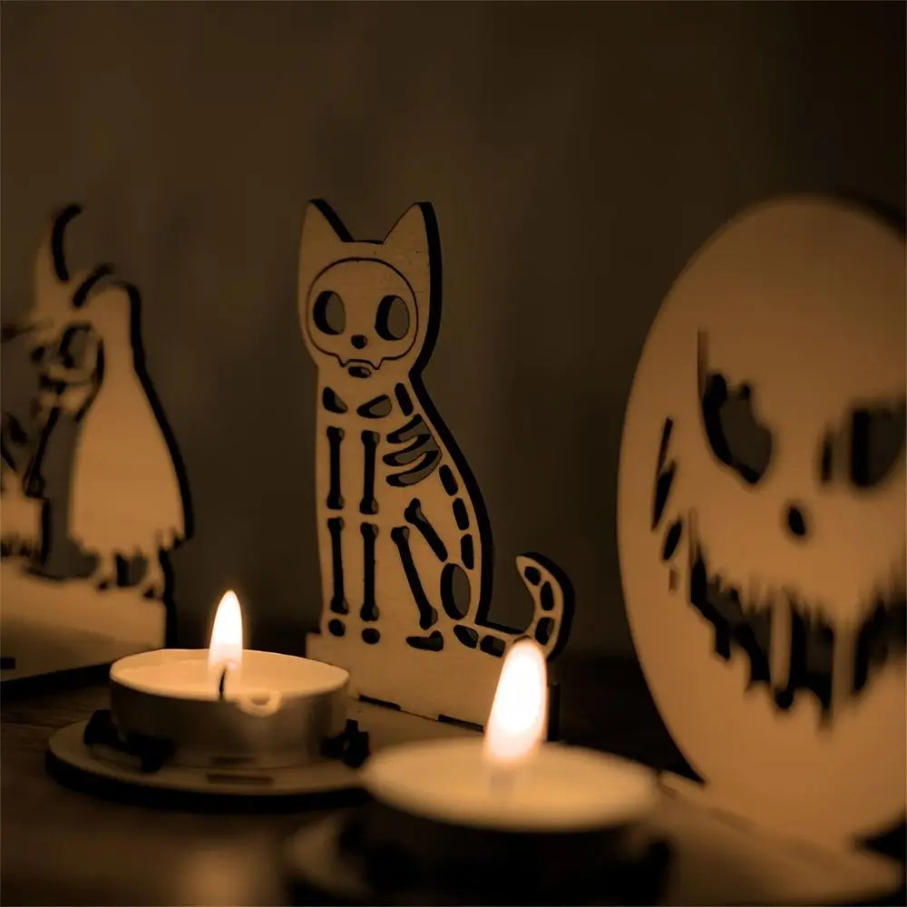 Halloween Skeleton Cat Tealight Candle Holder Shadow Caster Decorations Metal Desk Candlestick Holder Tabletop Decorative