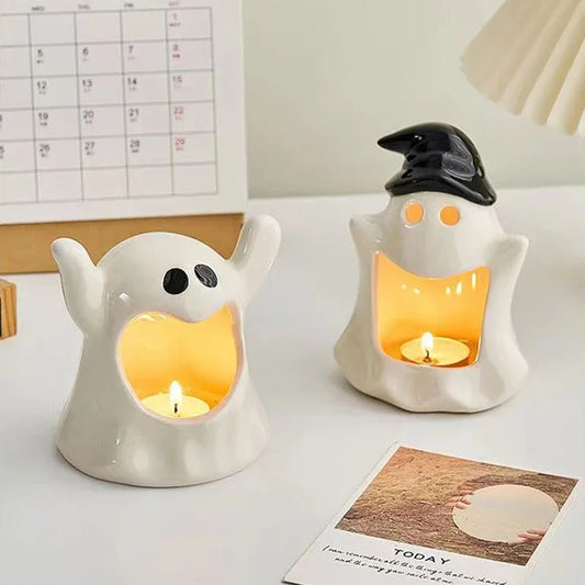 Ceramic Halloween Ghost Candle Holder Cute Rabbit Figurine Scented Candle Holder Home Table Candlestick Decorative Ornaments