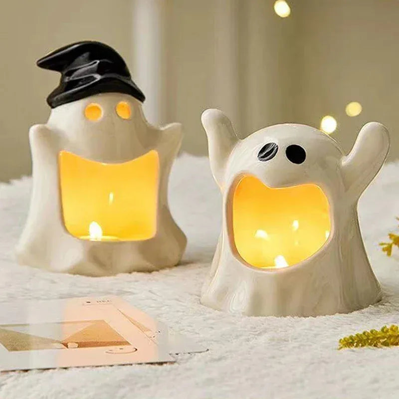 Small Cute Ghost Candle Holder, Handmade Ceramic Style, Ashtray Function, Halloween Decorations, Home Ornament