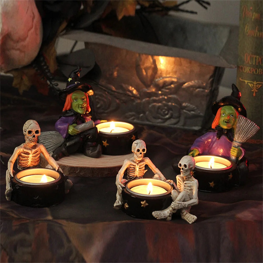 Halloween Decoration Indoor Candle Holder Resin Skeleton witch Candlestick Gothic Decorative Holder for Day of The Dead Skull