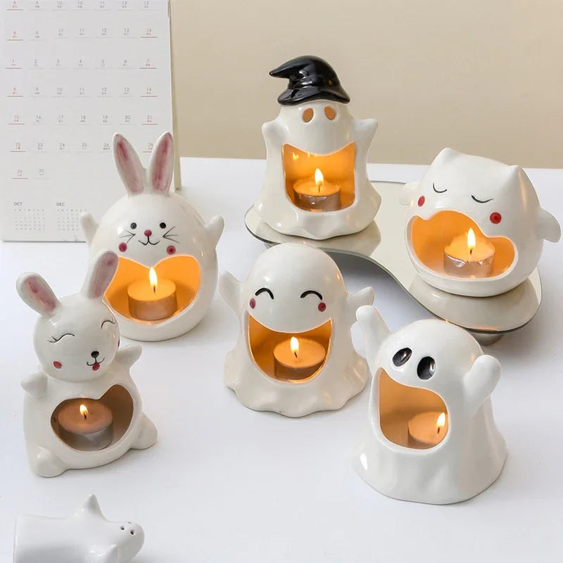 Ceramic Halloween Ghost Candle Holder Cute Rabbit Figurine Scented Candle Holder Home Table Candlestick Decorative Ornaments
