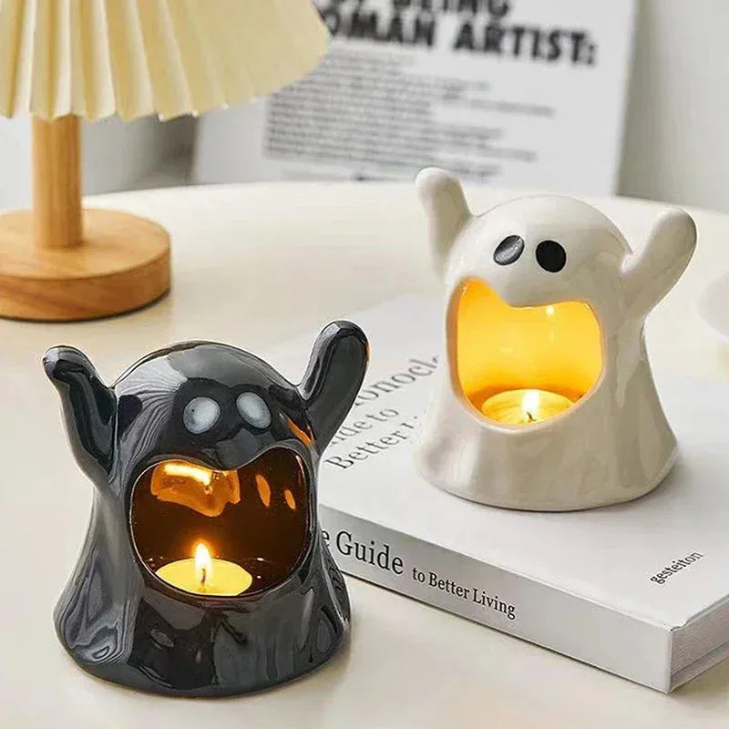Small Cute Ghost Candle Holder, Handmade Ceramic Style, Ashtray Function, Halloween Decorations, Home Ornament
