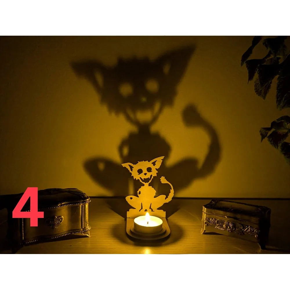Halloween Skeleton Cat Tealight Candle Holder Shadow Caster Decorations Metal Desk Candlestick Holder Tabletop Decorative