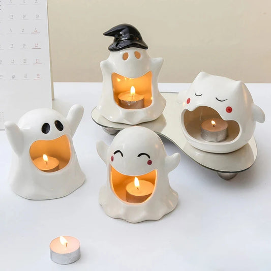 Ceramic Halloween Ghost Candle Holder Cute Rabbit Figurine Scented Candle Holder Home Table Candlestick Decorative Ornaments