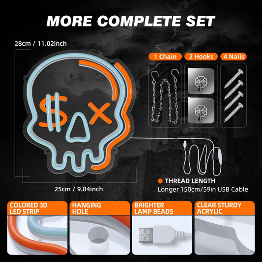 Halloween Neon Sign for Boys Room, Cool Skull Led Signs Kids Bedroom Decor, 6 Dimmable USB Powered Led Lights for Teenage Gamer