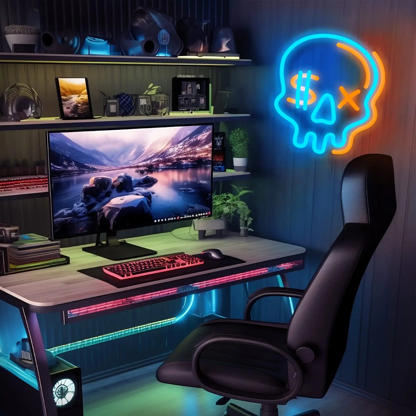 Halloween Neon Sign for Boys Room, Cool Skull Led Signs Kids Bedroom Decor, 6 Dimmable USB Powered Led Lights for Teenage Gamer