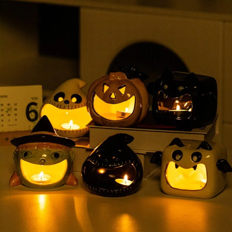 Pumpkin Lantern Halloween Funny Candlestick Ceramic Aromatherapy Candle Holder Halloween Home Party Atmosphere Desktop Decor