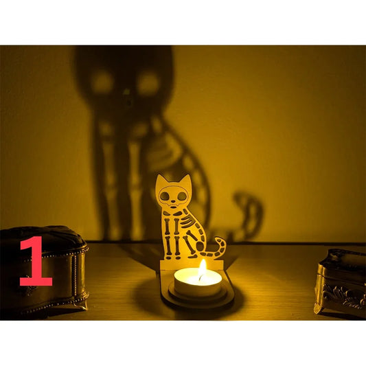 Halloween Skeleton Cat Tealight Candle Holder Shadow Caster Decorations Metal Desk Candlestick Holder Tabletop Decorative